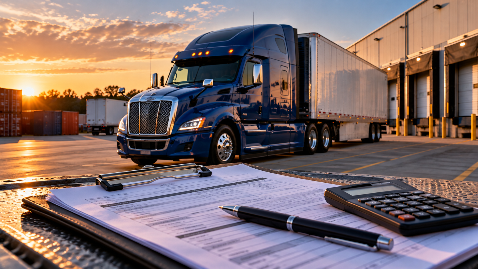 Illustration of a semi-truck at a freight facility with transportation documents and a calculator representing freight broker transactions. Image courtesy of Truck Stop Talk with Sarge™.