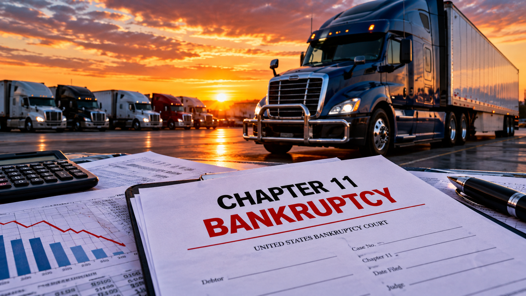 Editorial illustration of commercial trucks parked at a freight terminal with bankruptcy paperwork, financial charts, and a calculator representing financial pressures on trucking companies. Image courtesy of Truck Stop Talk with Sarge™.