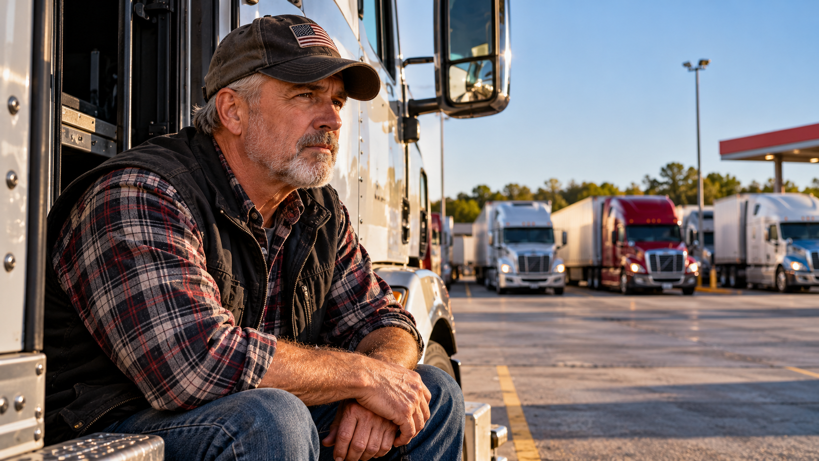 Editorial illustration of an experienced older commercial truck driver seated beside a tractor-trailer at a truck stop, representing questions about age discrimination and employment opportunities in the trucking industry. Image courtesy of Truck Stop Talk with Sarge™.