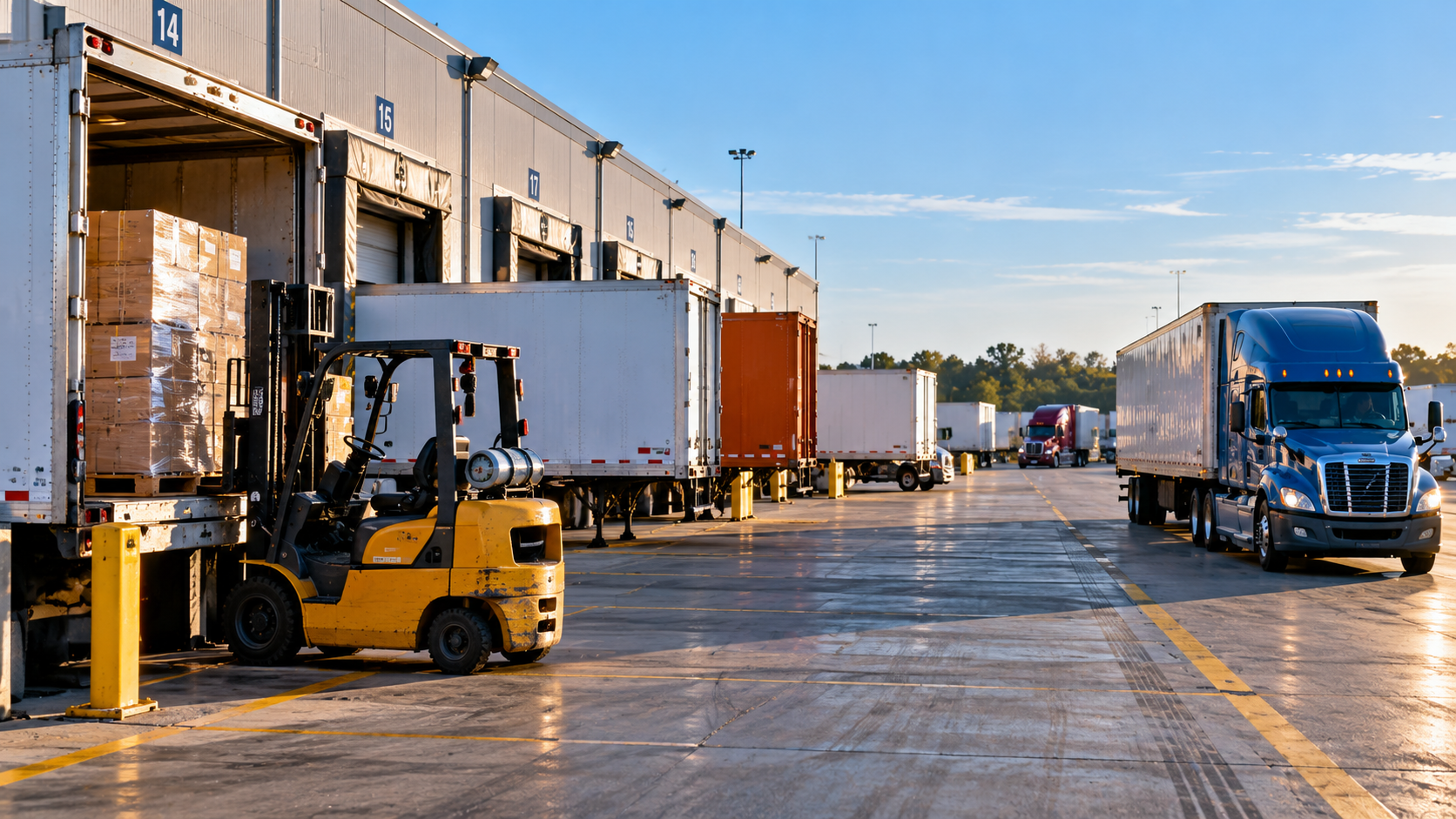 Editorial illustration of a commercial freight distribution terminal with loading docks, tractor-trailers, and a forklift handling palletized cargo, representing freight volumes and trucking market activity. Image courtesy of Truck Stop Talk with Sarge™.