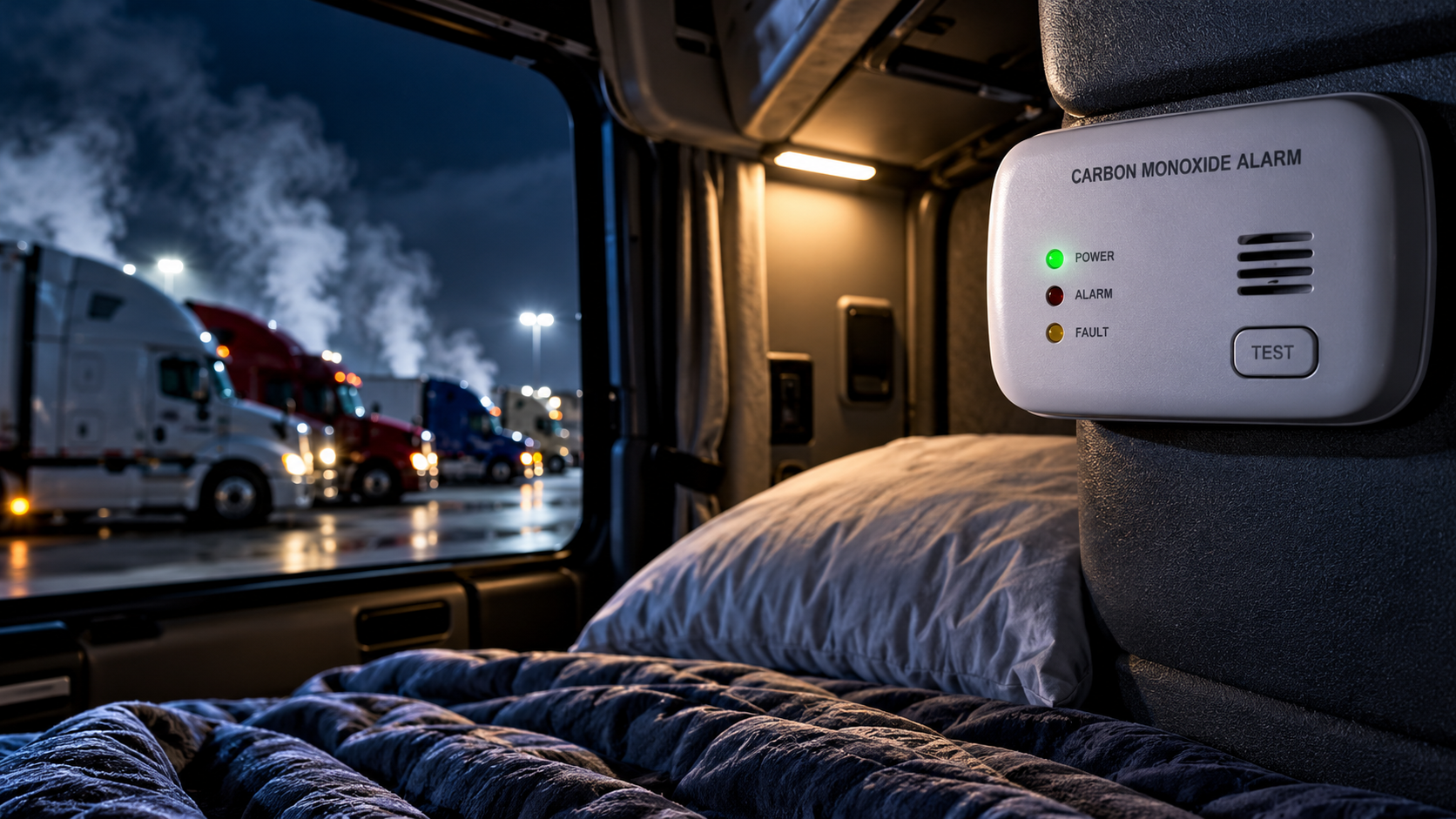 Carbon monoxide detector mounted inside a semi-truck sleeper berth overlooking parked trucks at night, highlighting the dangers of carbon monoxide poisoning for professional truck drivers. Image courtesy of Truck Stop Talk with Sarge™.
