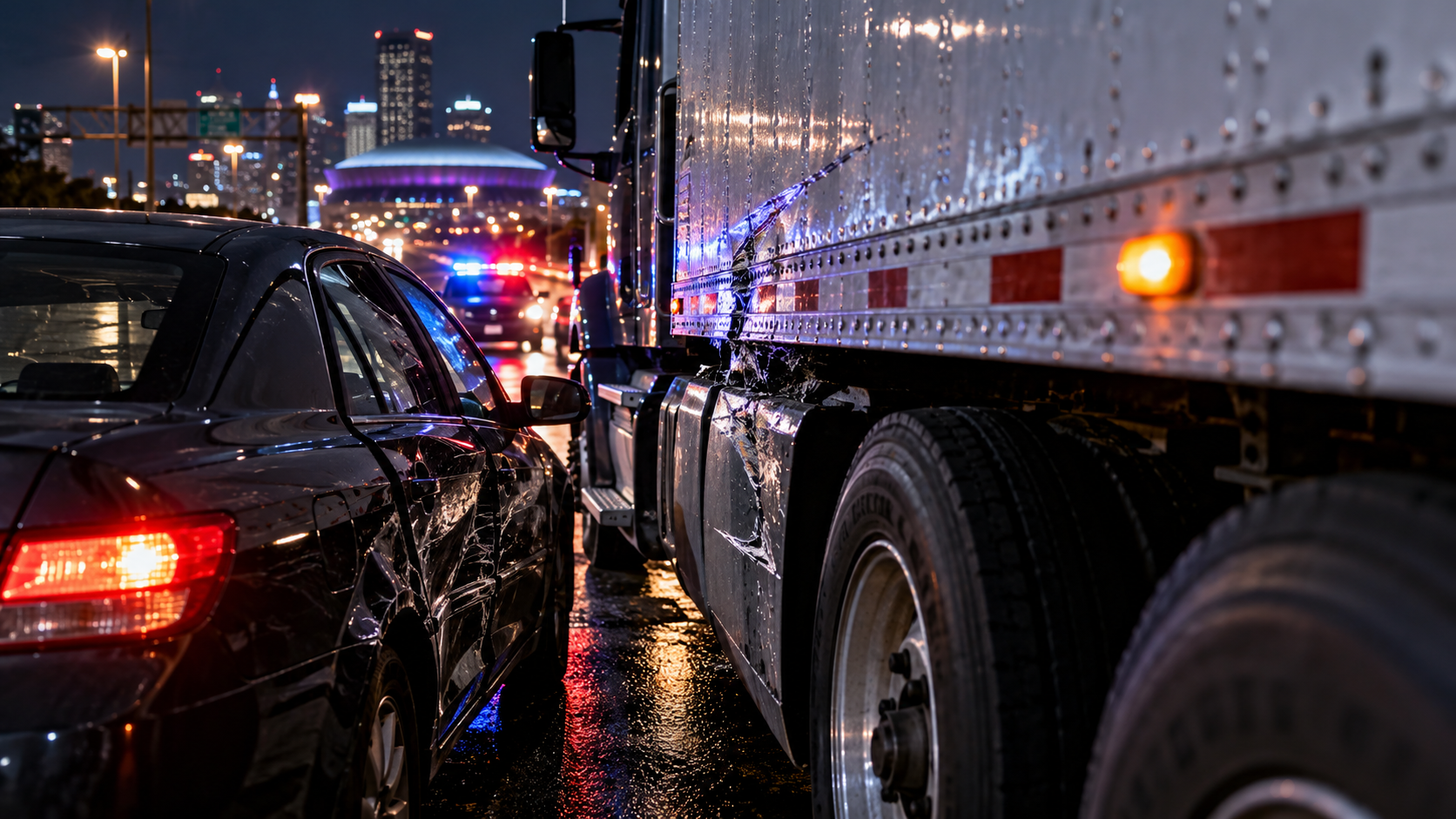 Illustration of a passenger car involved in a sideswipe collision with a commercial tractor-trailer at night, representing the staged truck crashes uncovered in the federal Operation Sideswipe investigation. Image courtesy of Truck Stop Talk with Sarge™.