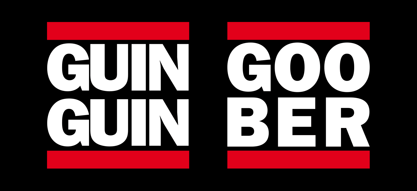 white and red guin guin and goober parody in the style of run dmc's logo on a black background