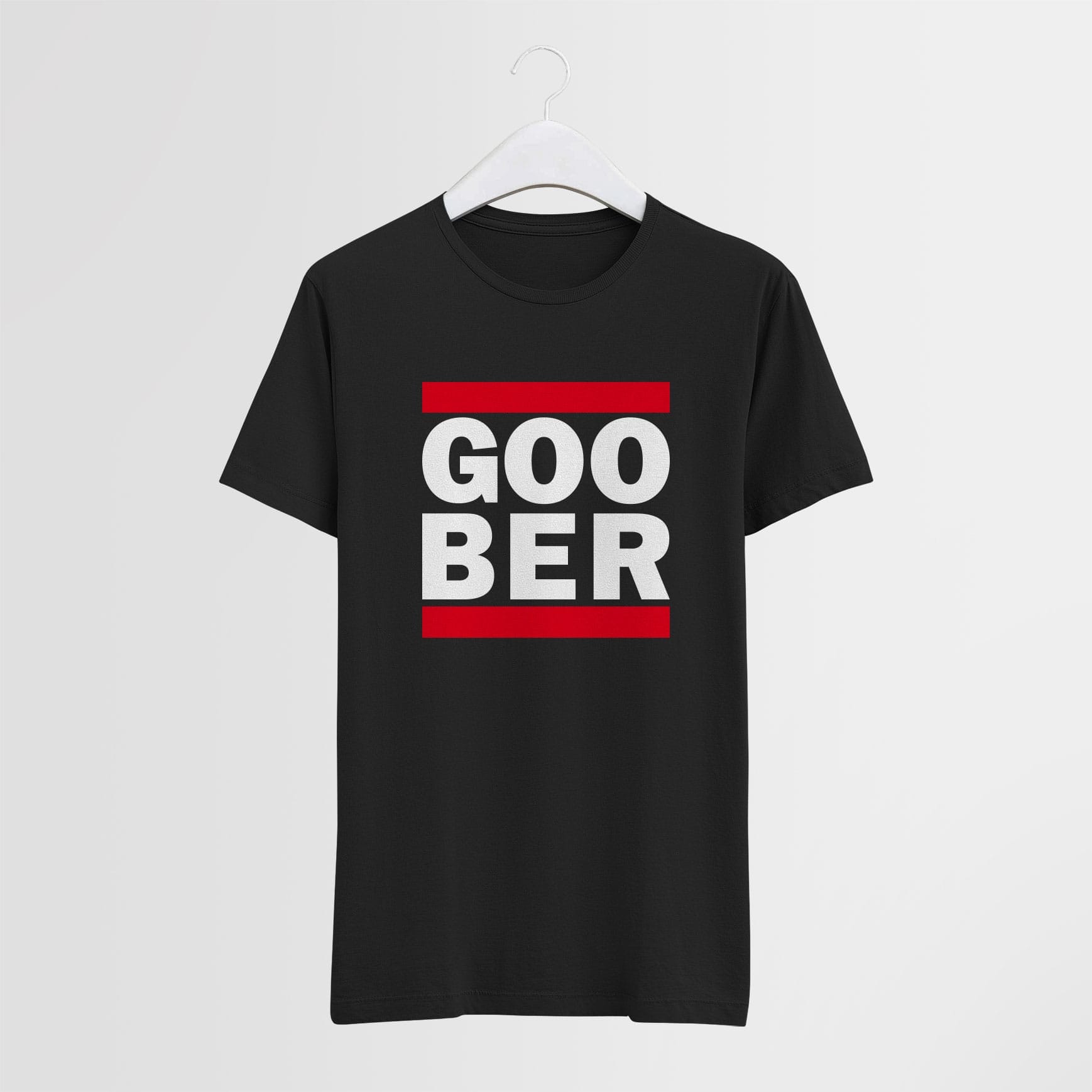 the words goo ber in a white bold font between 2 horizontal red lines on a black tshirt hanging on a coat hanger on a grey background