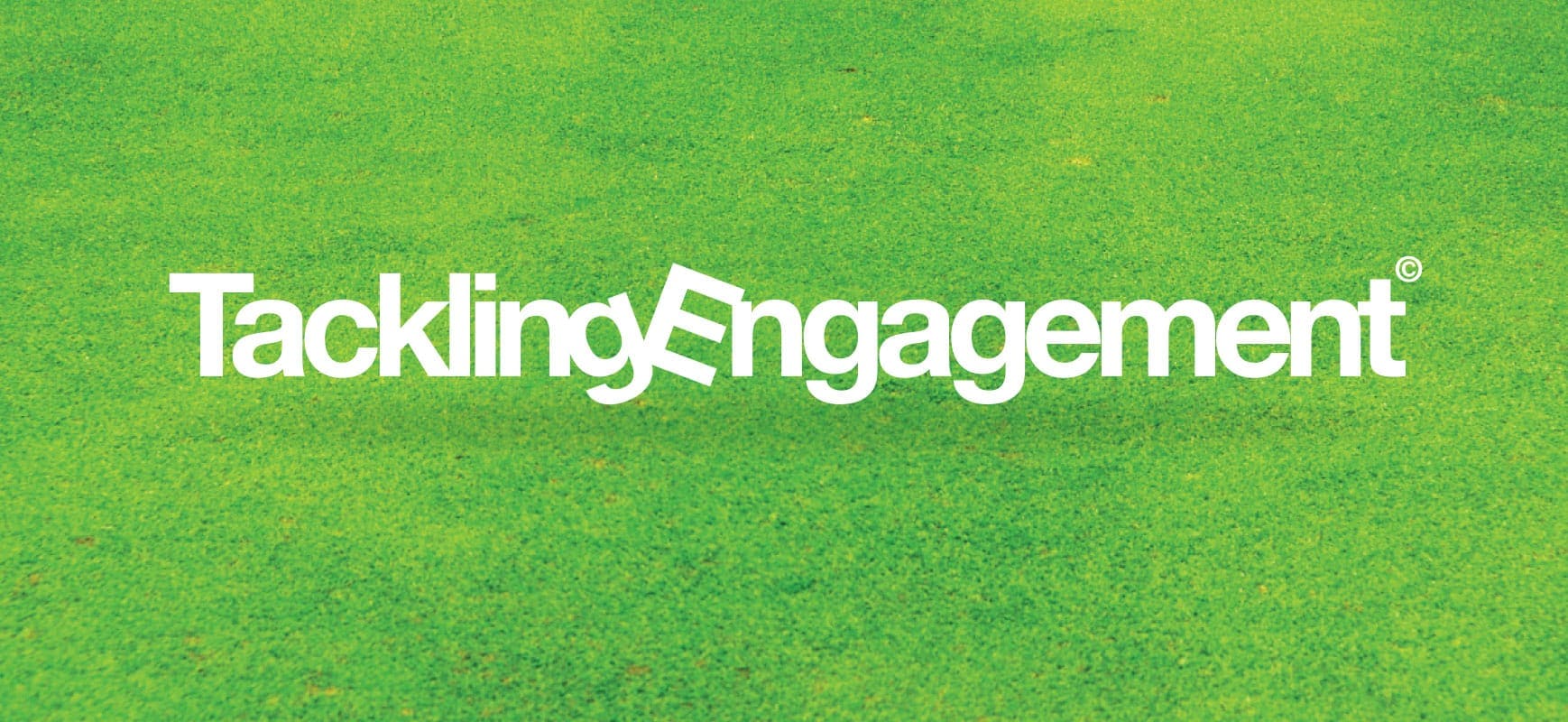 logo for tackling engagement which consists of the wording in white with the g of tackling and first e of engagement pointed towards each other for a play on words for the company and its subject matter all shown against a tennis court backdrop