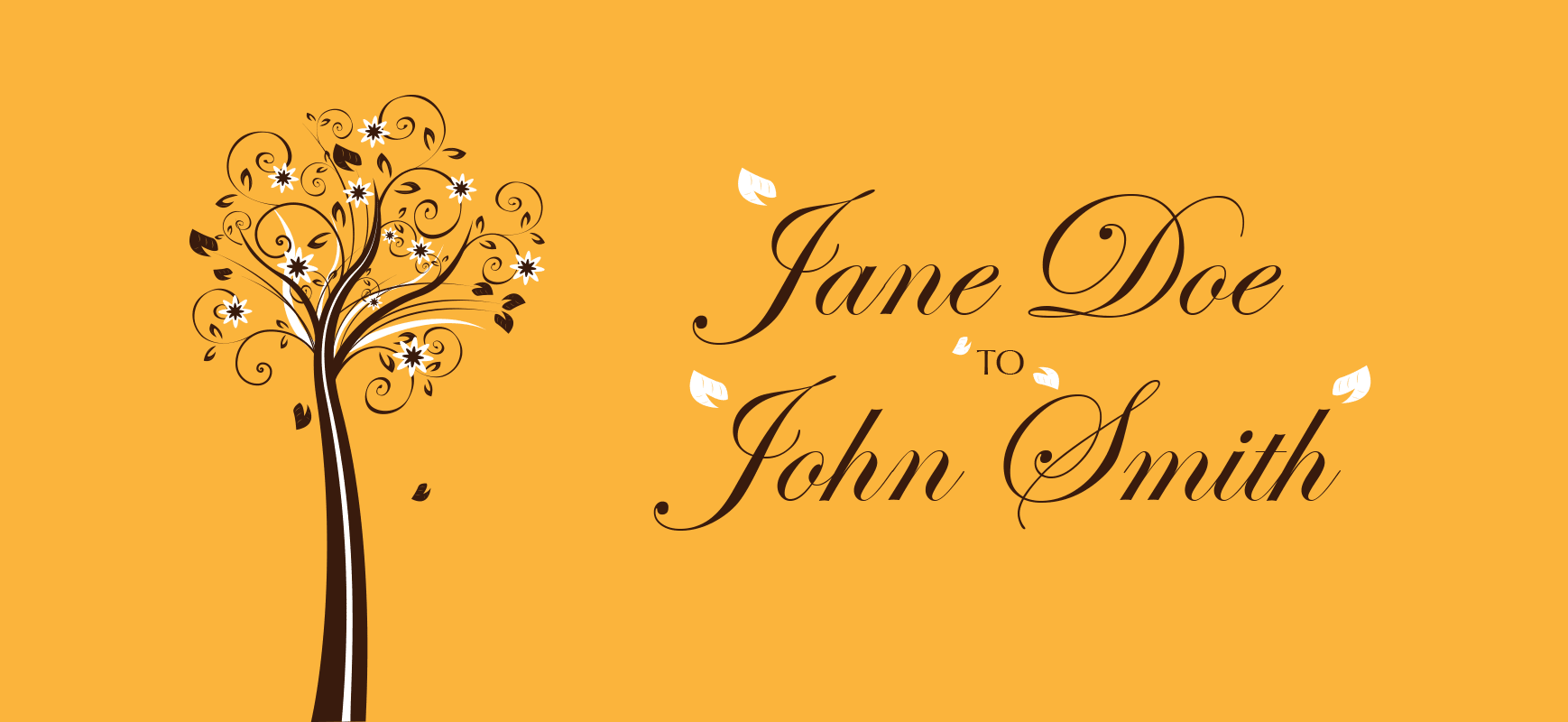 beautifully illustrated black and white tree with leaves falling off on a autumn orange background next to name in black calligraphy