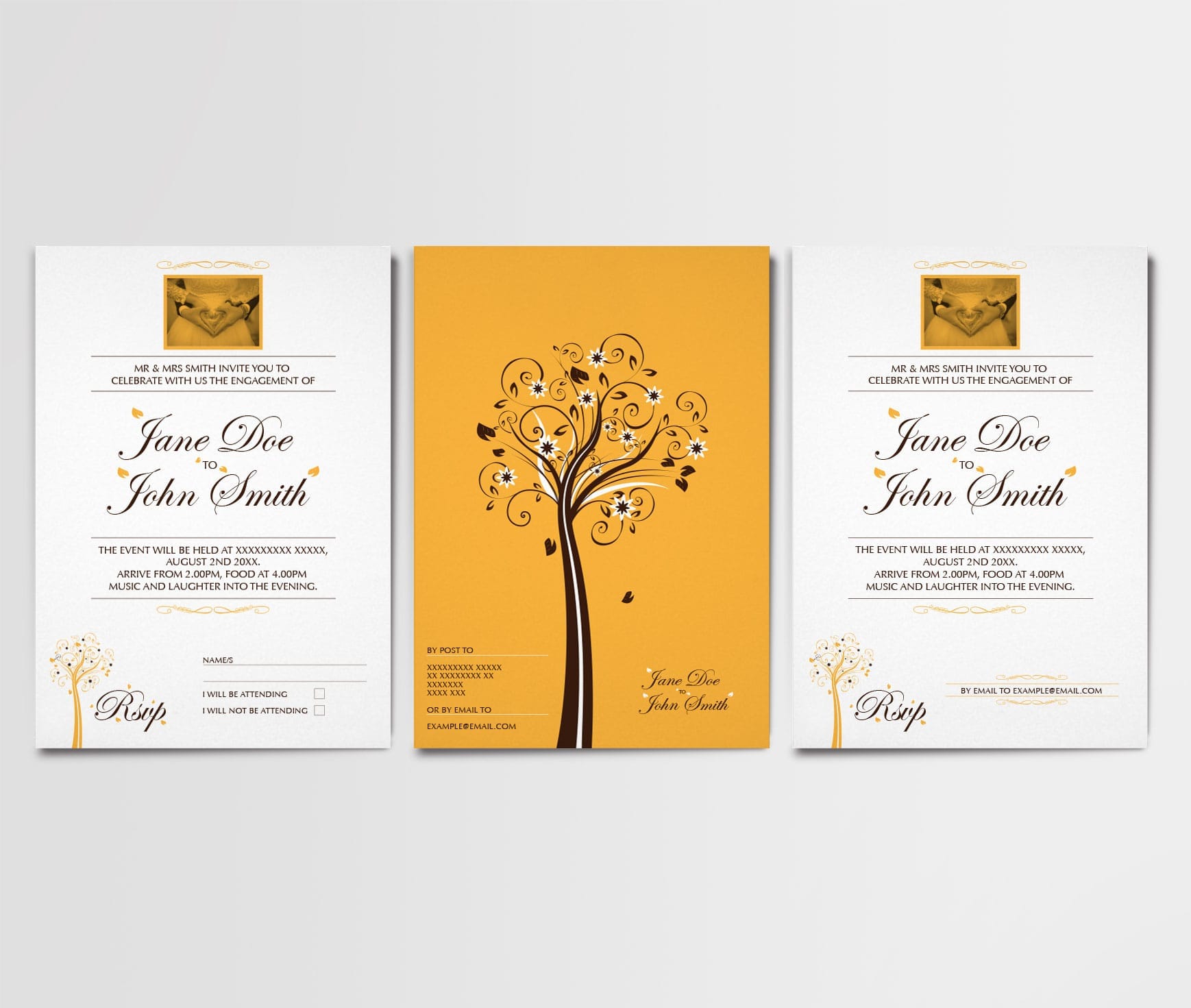 beauty shot of A5 invites showing 2 versions of contacting the couple via email and post