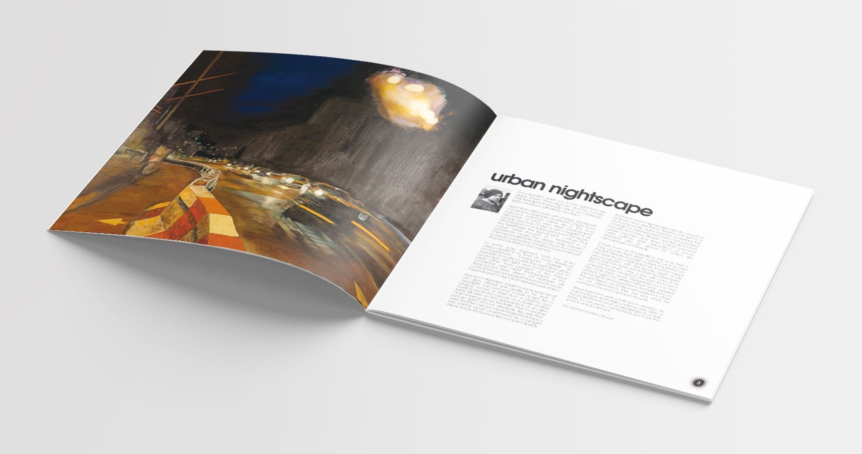 inner page beauty shot of night light catalogue folded out showing painting on left page and bio on right page