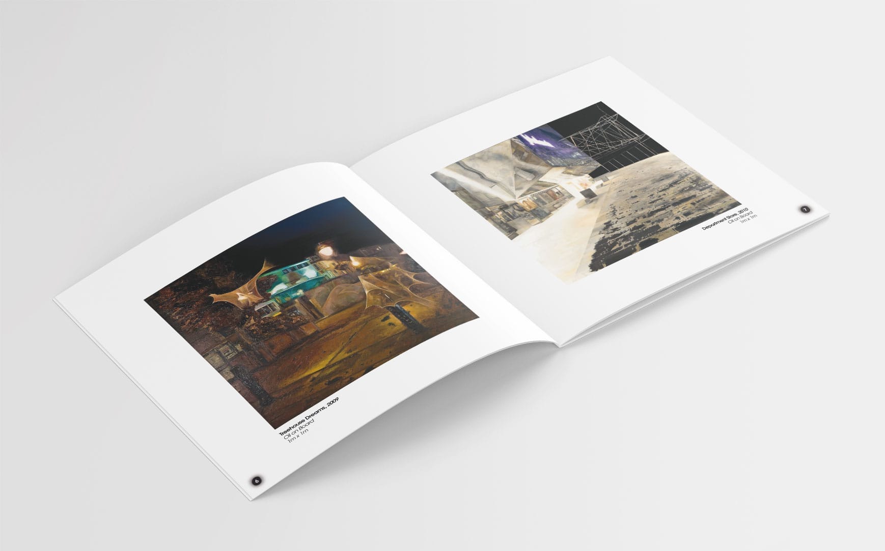 inner page beauty shot of night light catalogue folded out showing a painting centered on both pages with title of painting