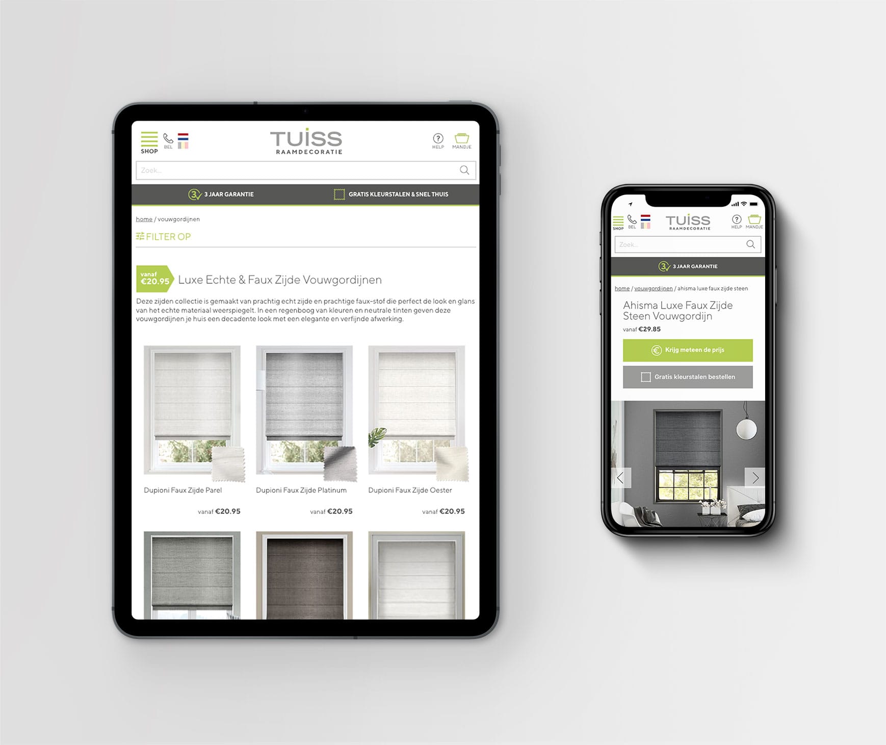 beauty shot of the tuiss raamdecoratie collection page displayed on a iPad pro and buypage displayed on a iPhone X on a light grey background