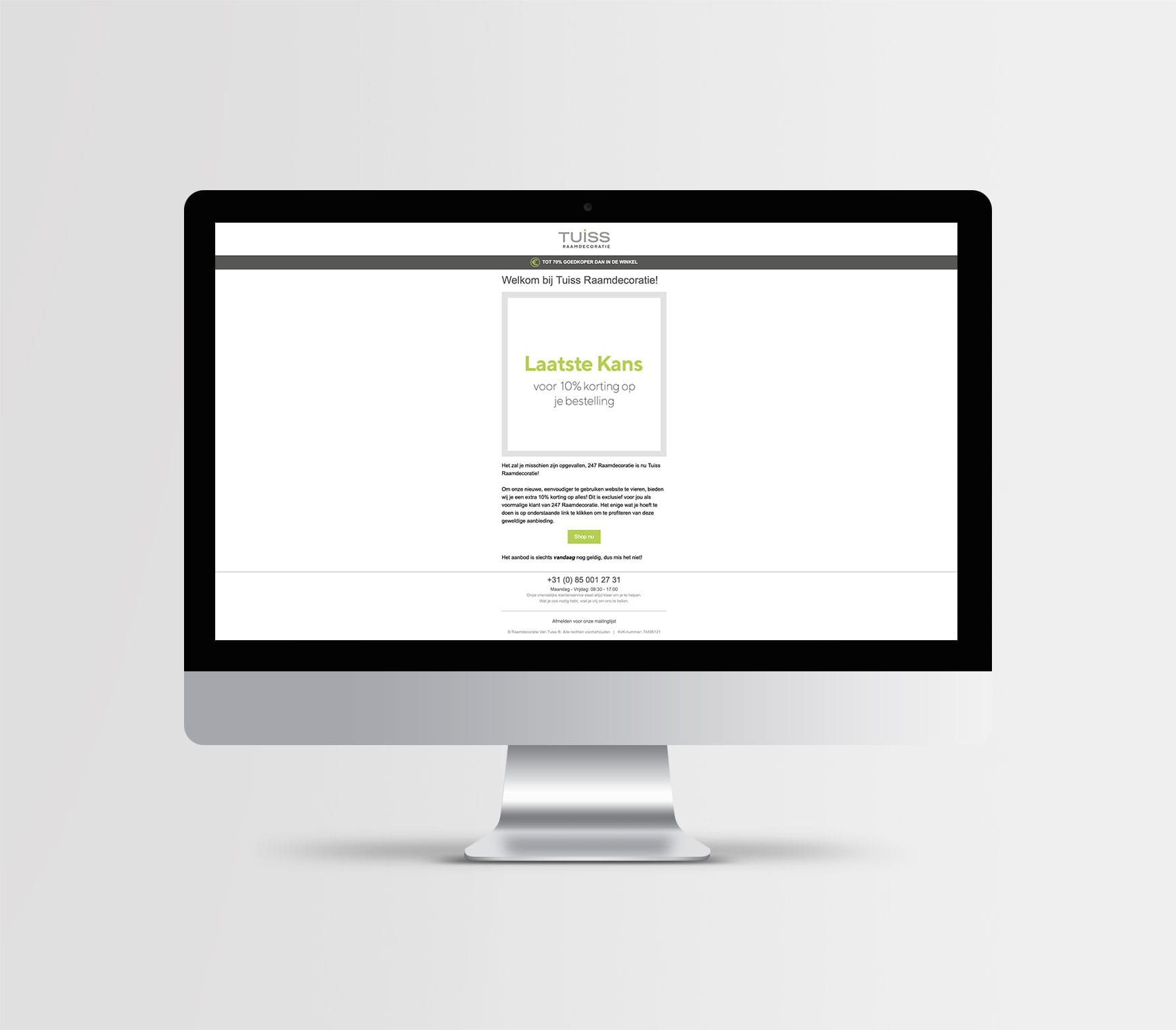 beauty shot of the tuiss raamdecoratie newsletter displayed on a iMac on a light grey background