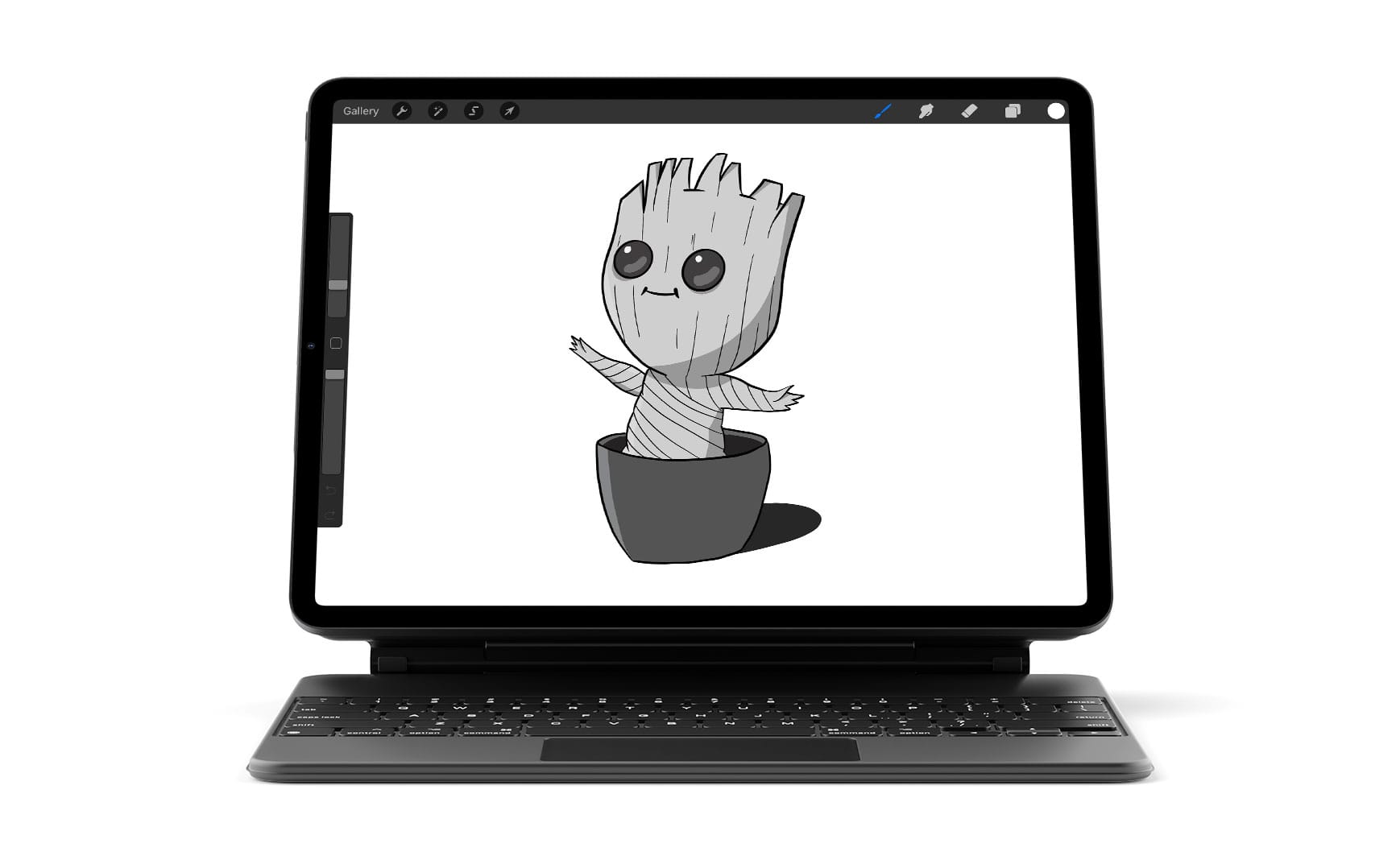 a digital illustration of baby groot, drawn in procreate depicted on an ipad pro
