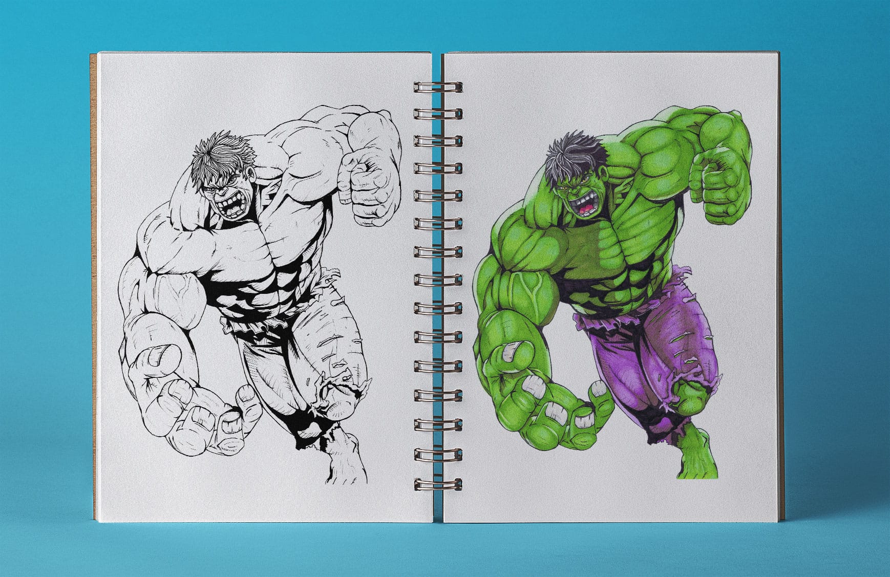 an open sketchbook with a lineart drawing of the hulk on the left page and a coloured version of the drawing on the right page