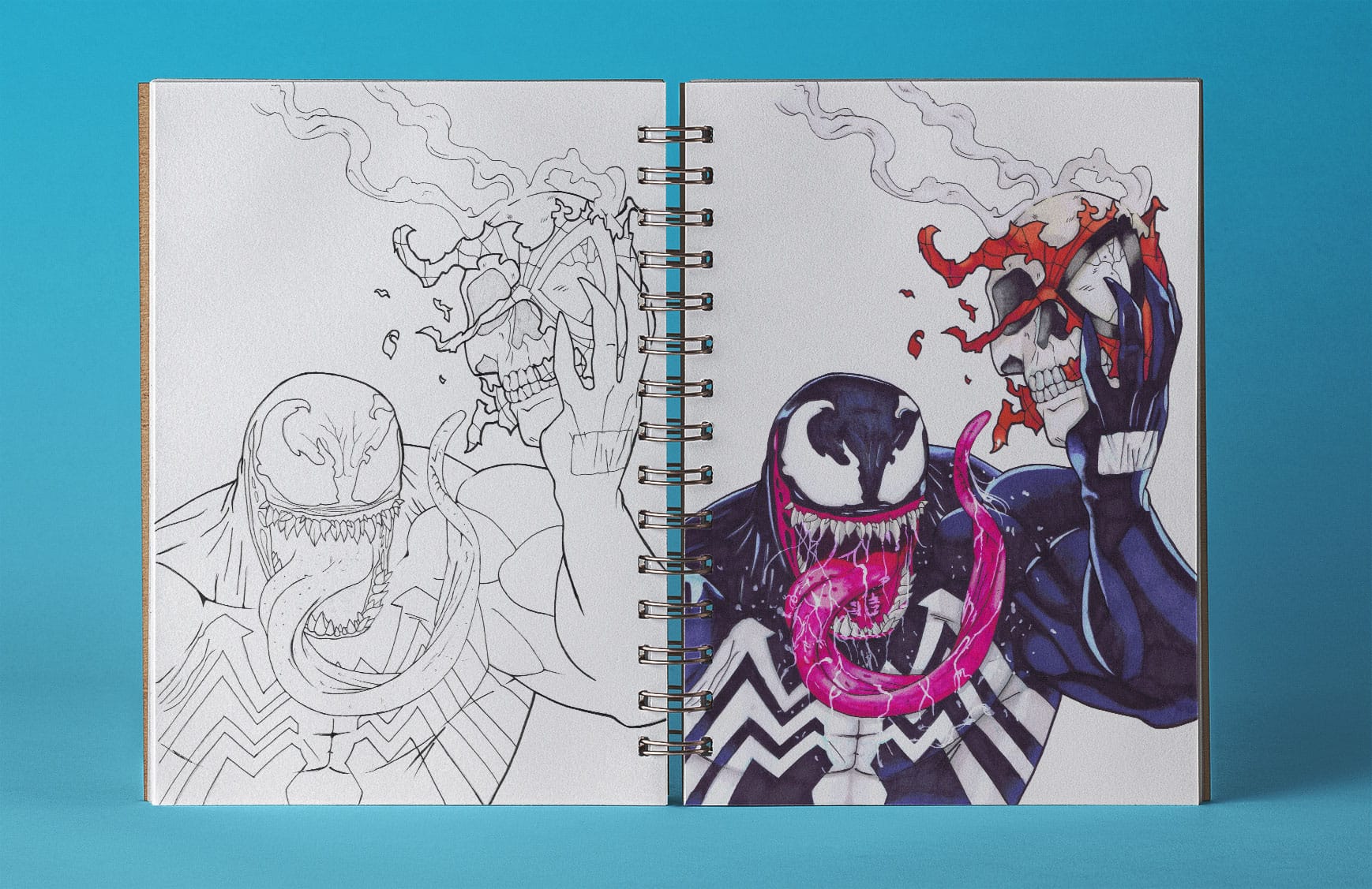 an open sketchbook with a lineart drawing of venom on the left page and a coloured version of the drawing on the right page