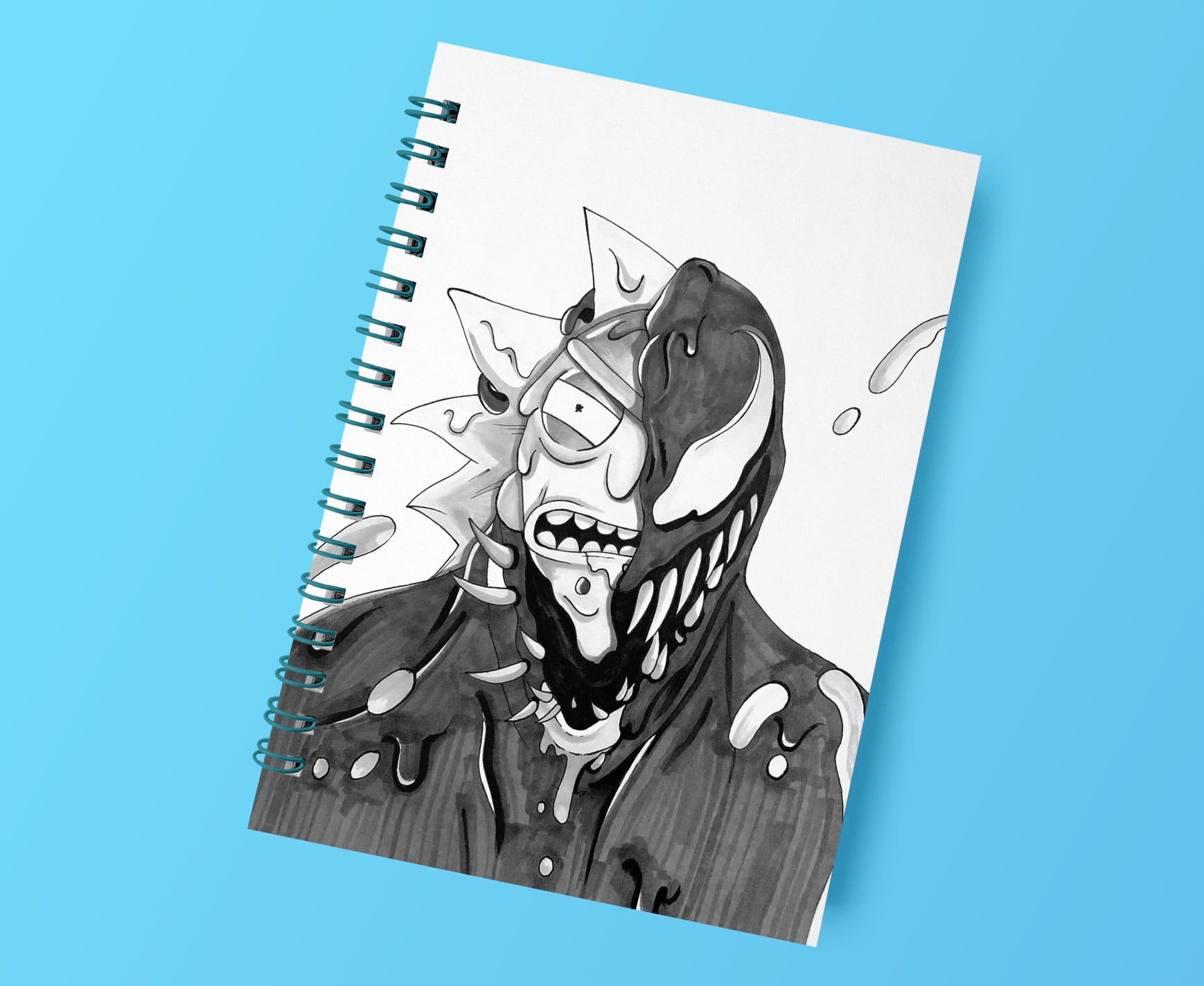 a black and white drawing of rick covered in venom from the spiderman comics