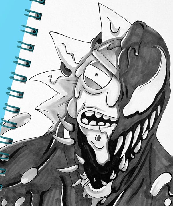 a drawing of rick covered in venom from the spiderman comics