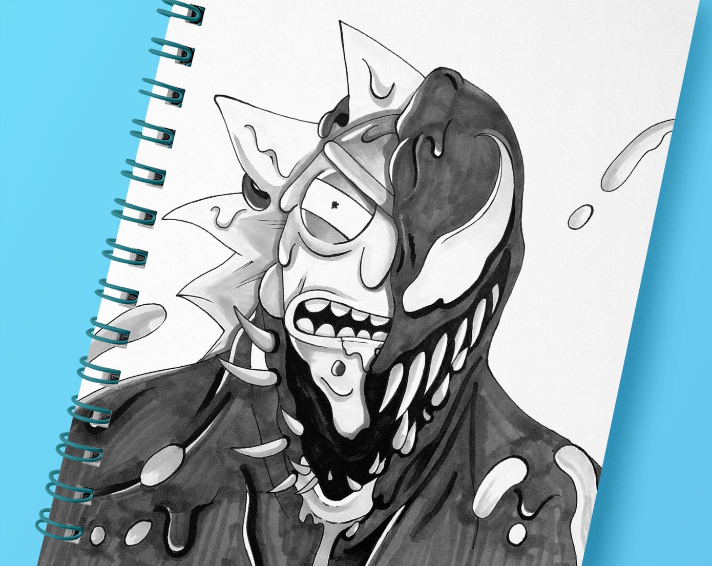 a drawing of rick covered in venom from the spiderman comics