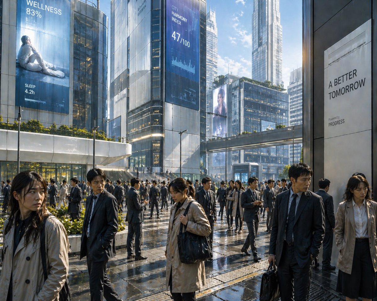 Futuristic Corporate Plaza With Data Billboards AI image template preview