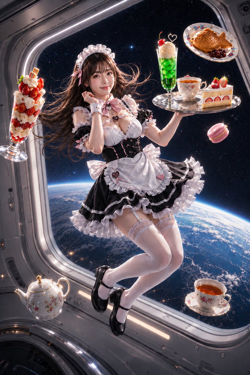 Zero-Gravity Space Station Maid Cafe AI image template preview