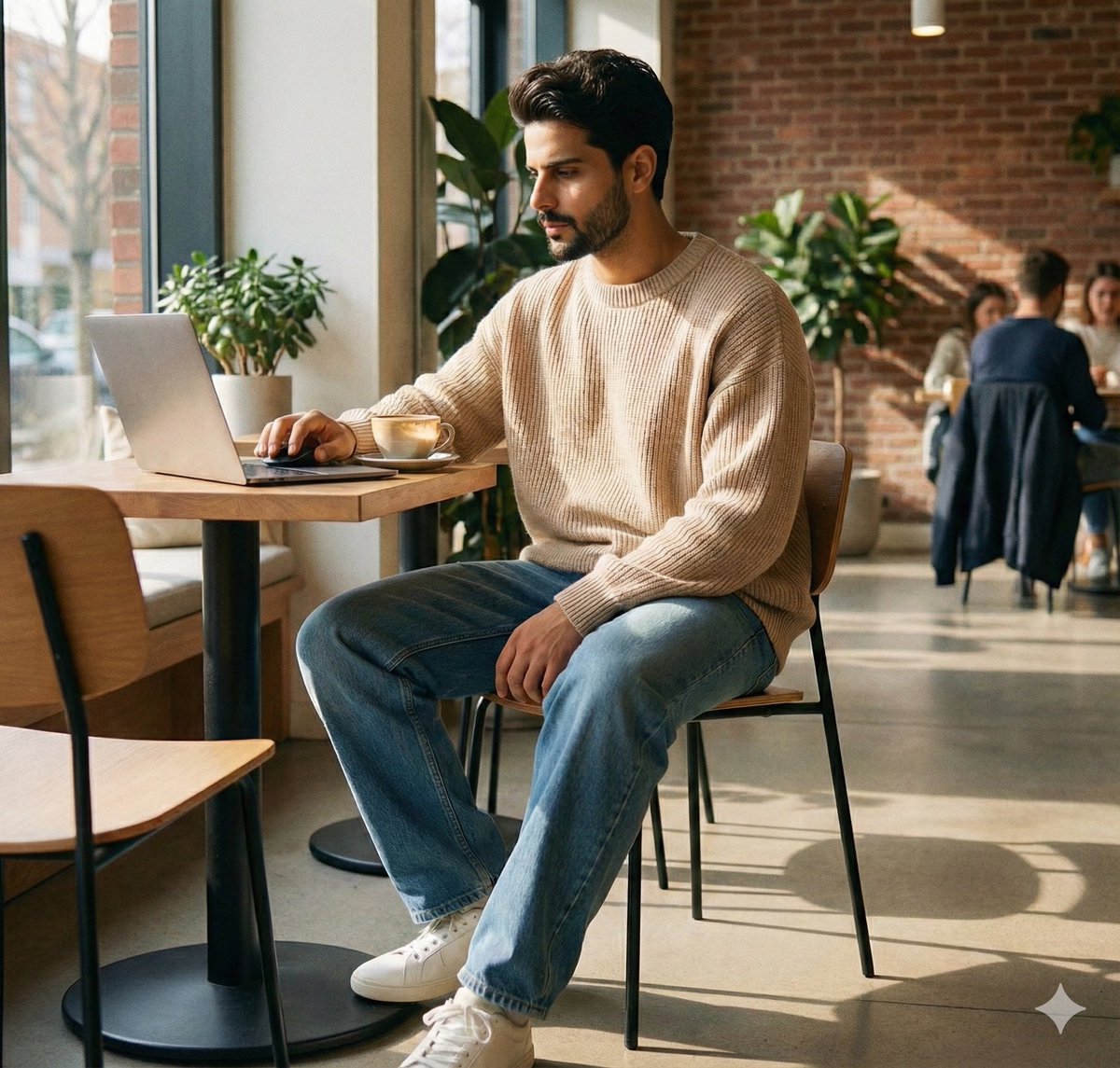 JSON Prompt for Lifestyle Portrait in Coffee Shop AI image template preview