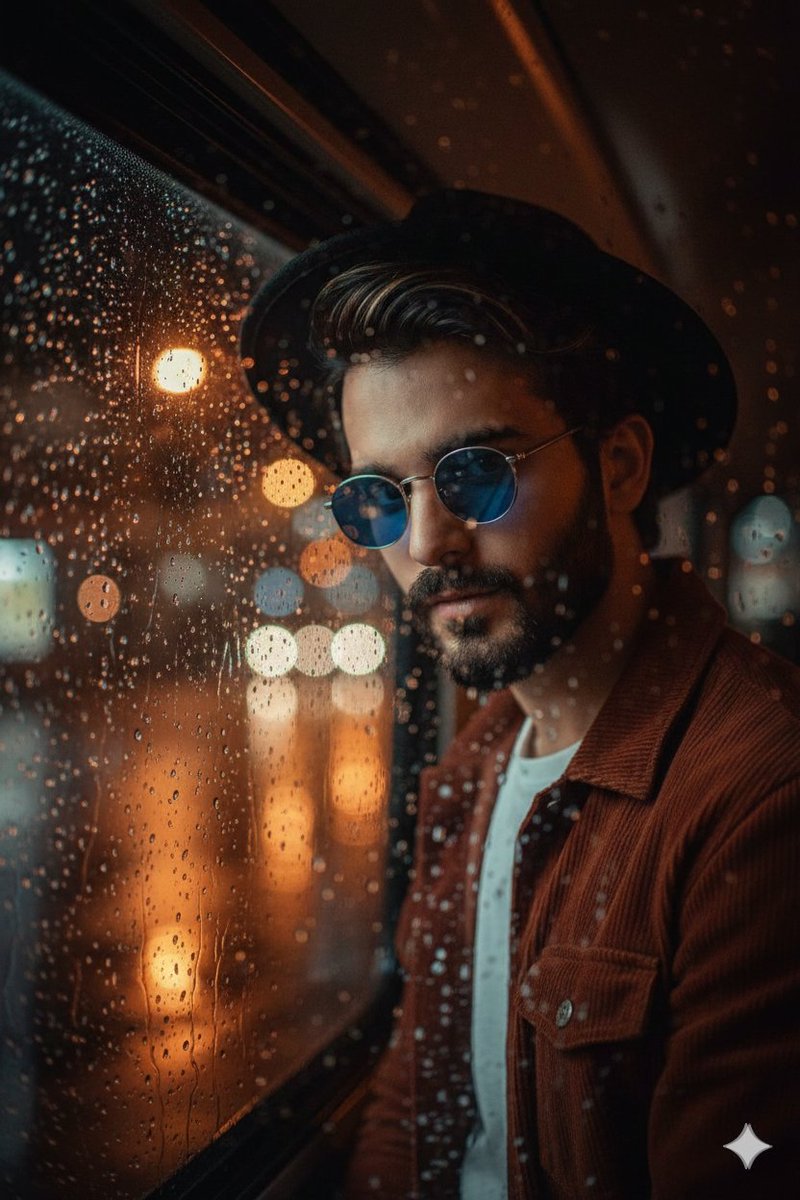 Cinematic Portrait Through Rain-Streaked Window Prompt AI image template preview