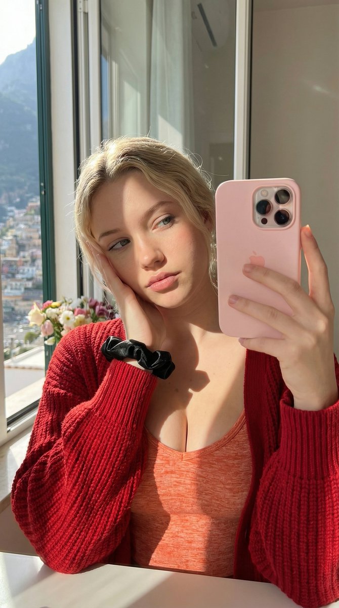 Dual Mirror Selfie Prompts (Red vs. Yellow Cardigan) AI image template preview