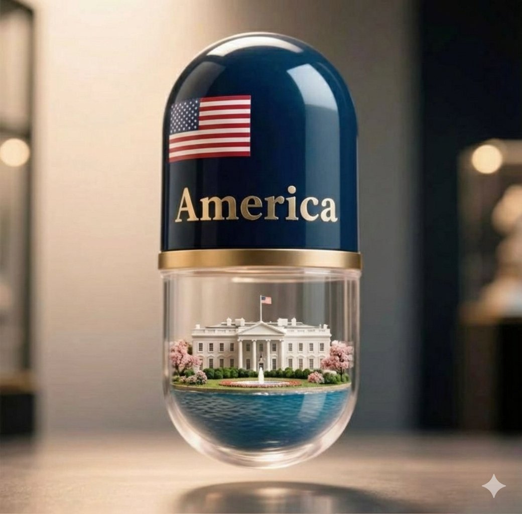 Giant Pharmaceutical Capsule with White House Miniature AI image template preview