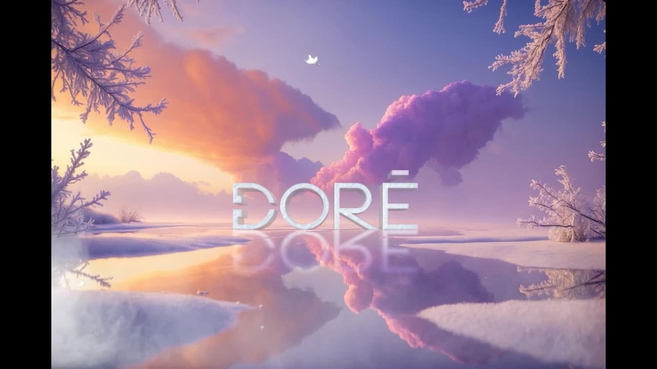 Dore — Cinematic reveal — silver wordmark over a dawn lake