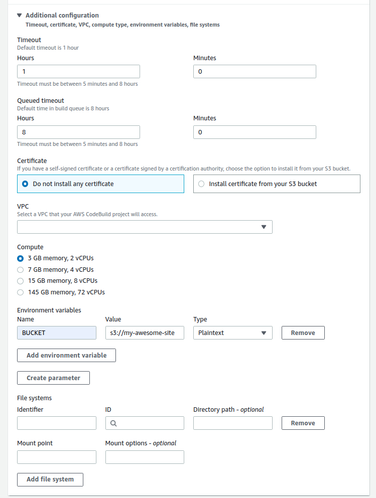 AWS CodeBuild Project Config Environment Variables