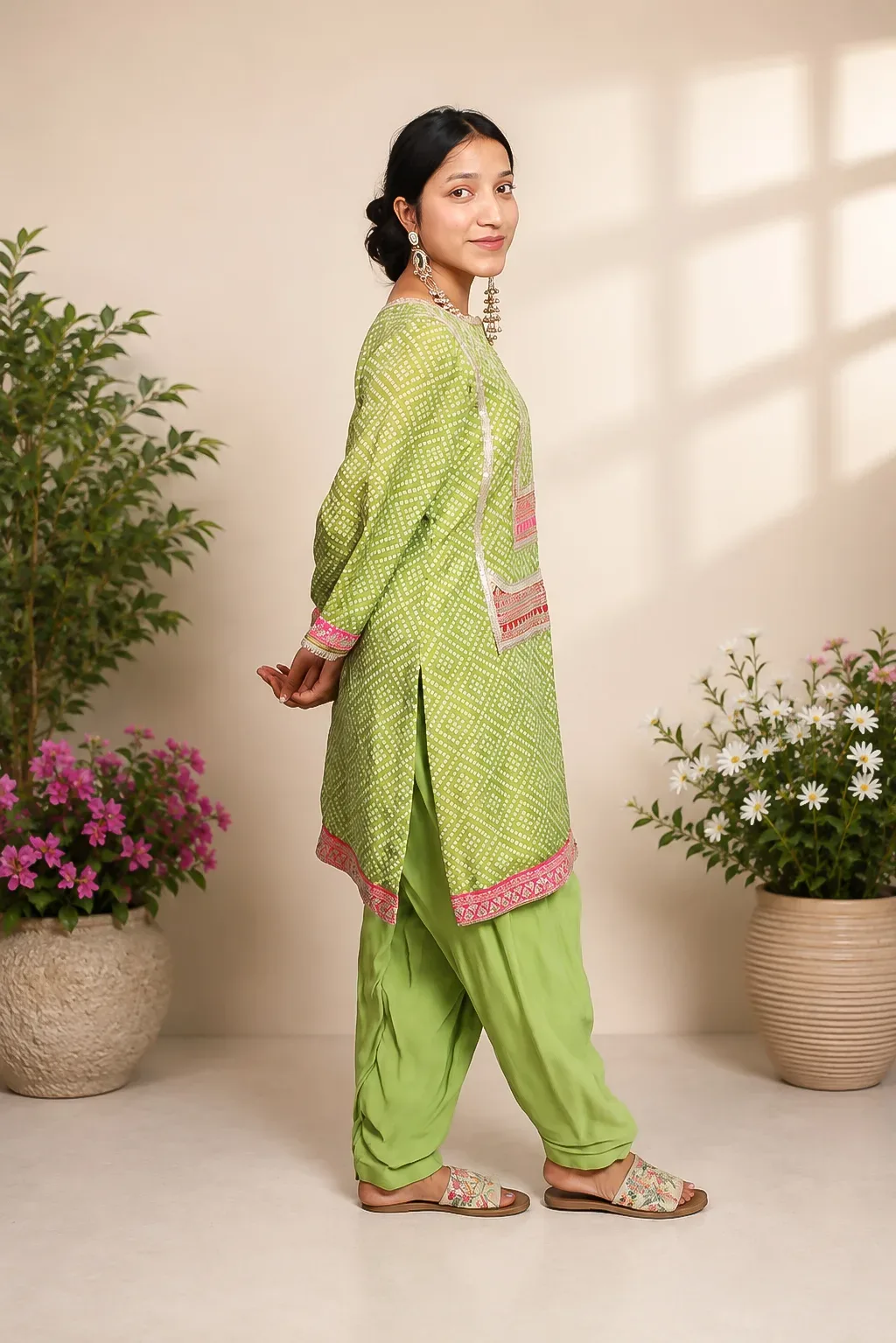Green Bandhani Print Kurta with Dhoti Pants — view 4