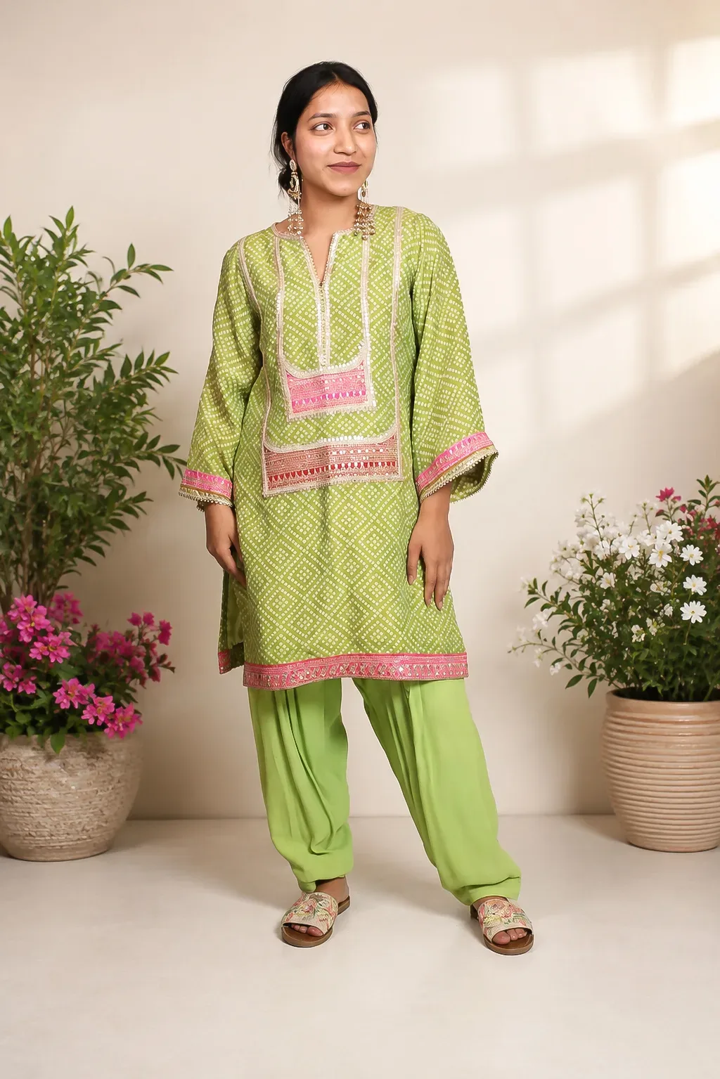 Green Bandhani Print Kurta with Dhoti Pants — view 5