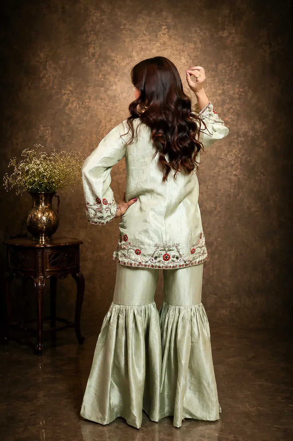Sage Green Embroidered Sharara Set — view 6