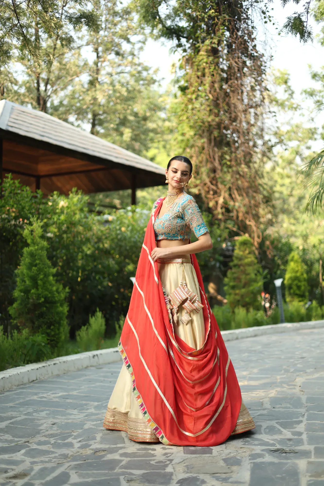 Ivory and Coral Lehenga — view 4