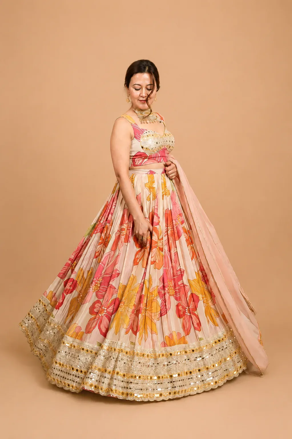 Blush Bloom Mirror Work Lehenga Set
