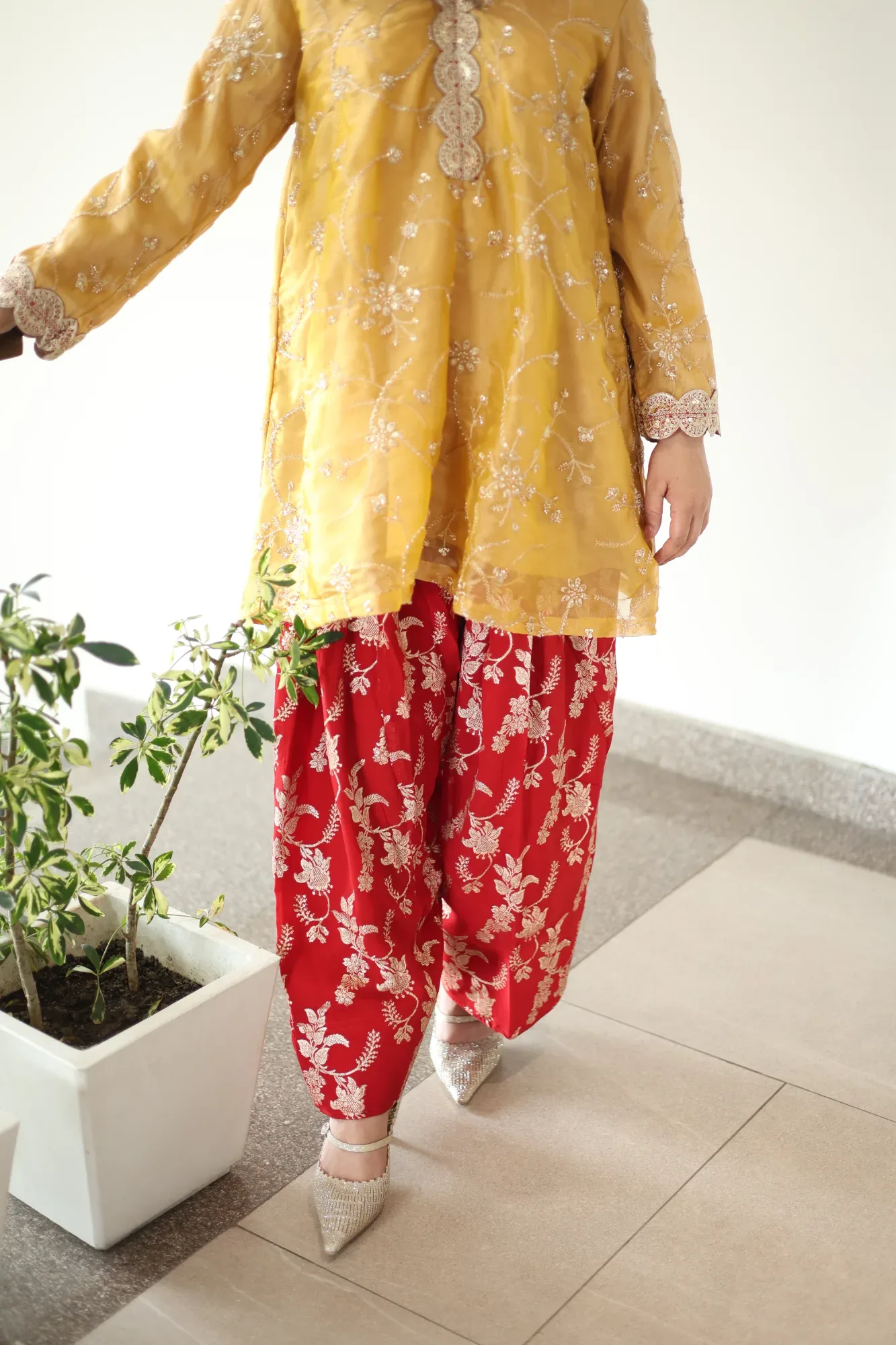 Mustard Yellow Kurta with Farshi Salwar — view 3