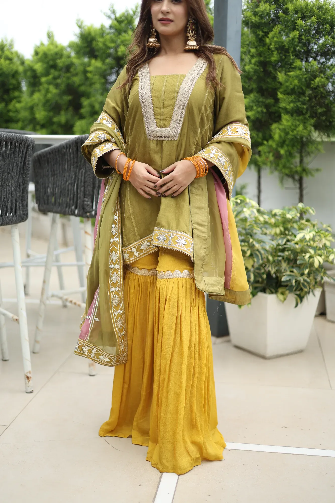 Rangrez Olive Sharara Style Suit — view 3
