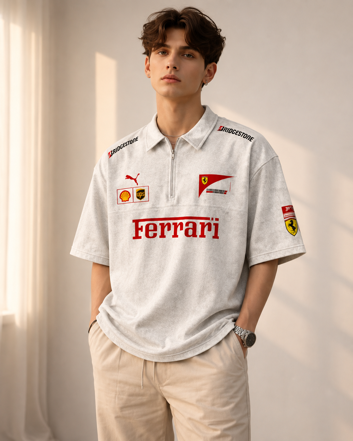 Ferrari Racing Oversized Half-Zip Polo T-Shirt for Men – Premium White Motorsport Streetwear