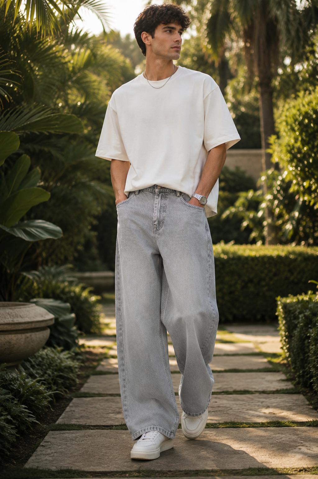 Men's Light Grey Wide Leg Jeans – Premium Relaxed Fit Washed Denim
