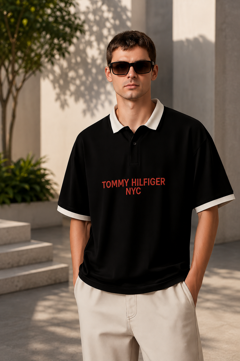 NYC Oversized Black Polo T-Shirt for Men – Premium Contrast Collar Streetwear Polo