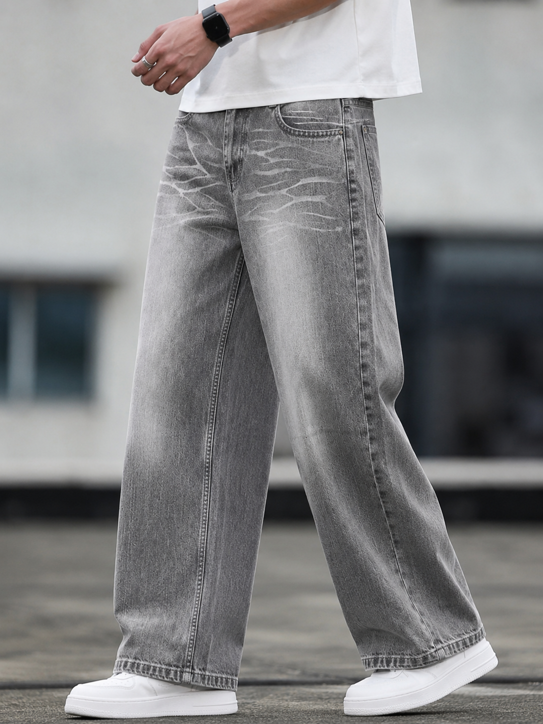 Grey Washed Wide-Leg Graphic Denim Jeans