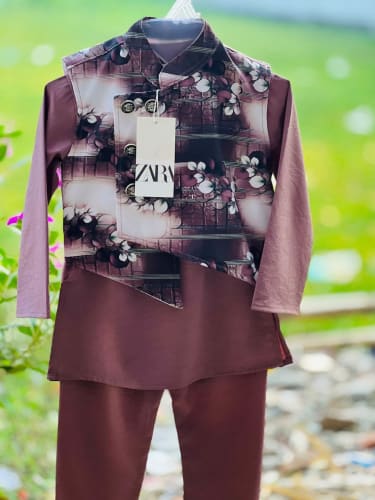 Maroon Floral Waistcoat Panjabi Set