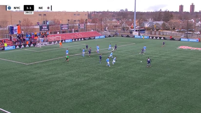 Luis Barraza stops Damian Rivera's penalty kick to NYCFC II and Revs II tied 1-1
