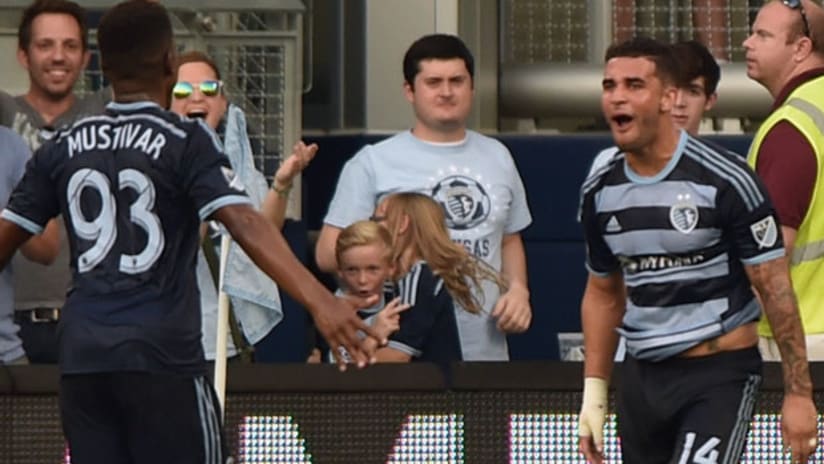 Dom Dwyer, Sporting KC, celebrates with Sonji Mustivar