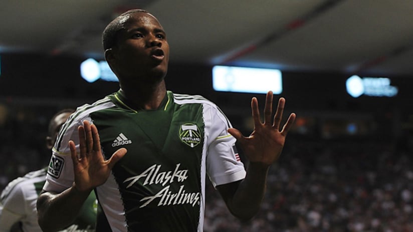 Alvas Powell of the Portland Timbers celebrates his goal vs. the Vancouver Whitecaps
