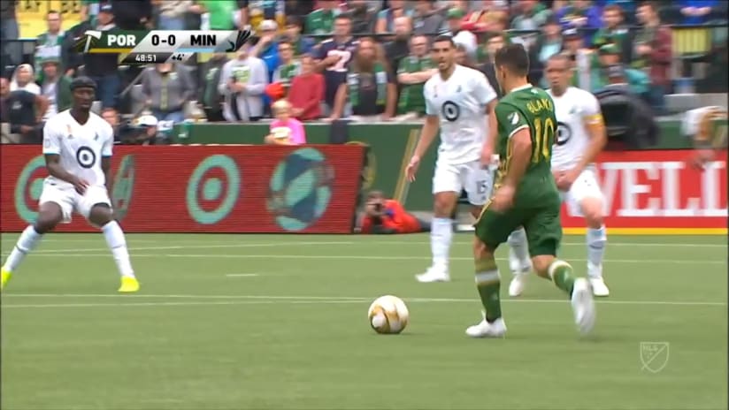 CROSSBAR: Sebastian Blanco rattles the bar from outside the box