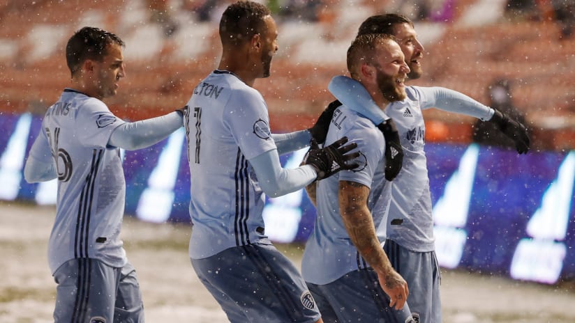 Sporting KC - celebrate a goal - vs. Real Salt Lake - Nov. 8, 2020 - snow