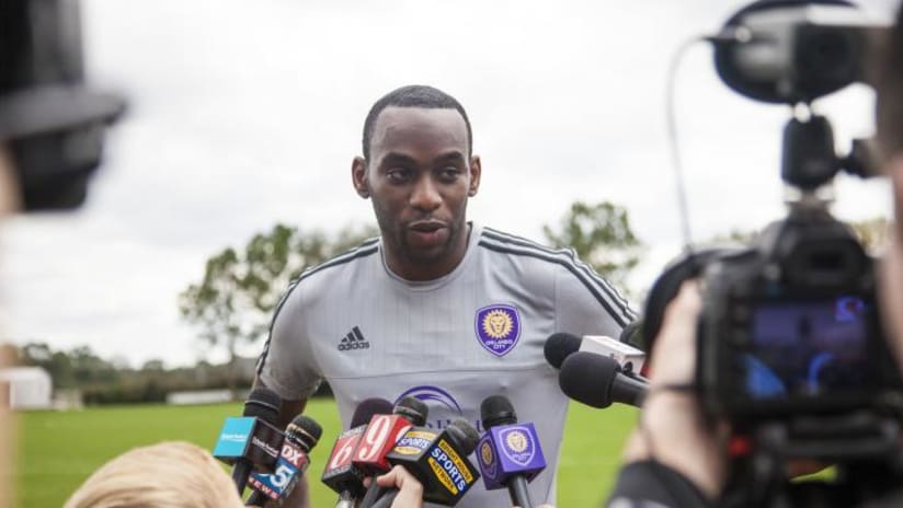 Amobi Okugo answers media questions on Orlando City's first day of training