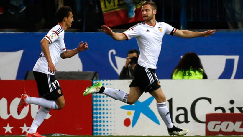 German international Shkodran Mustafi celebrates a goal for Valencia CF