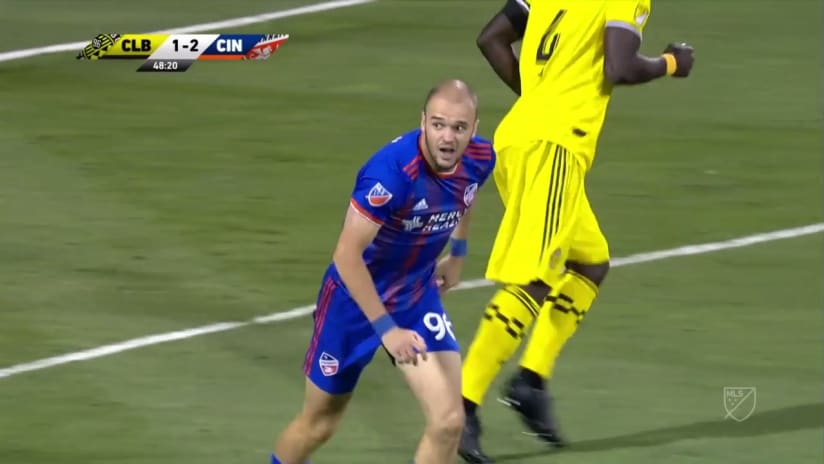 CHANCE: Andrew Gutman's sliding shot rolls wide