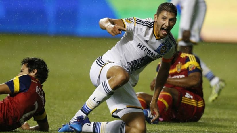 LA Galaxy's Omar Gonzalez reacts to PK call vs. Real Salt Lake